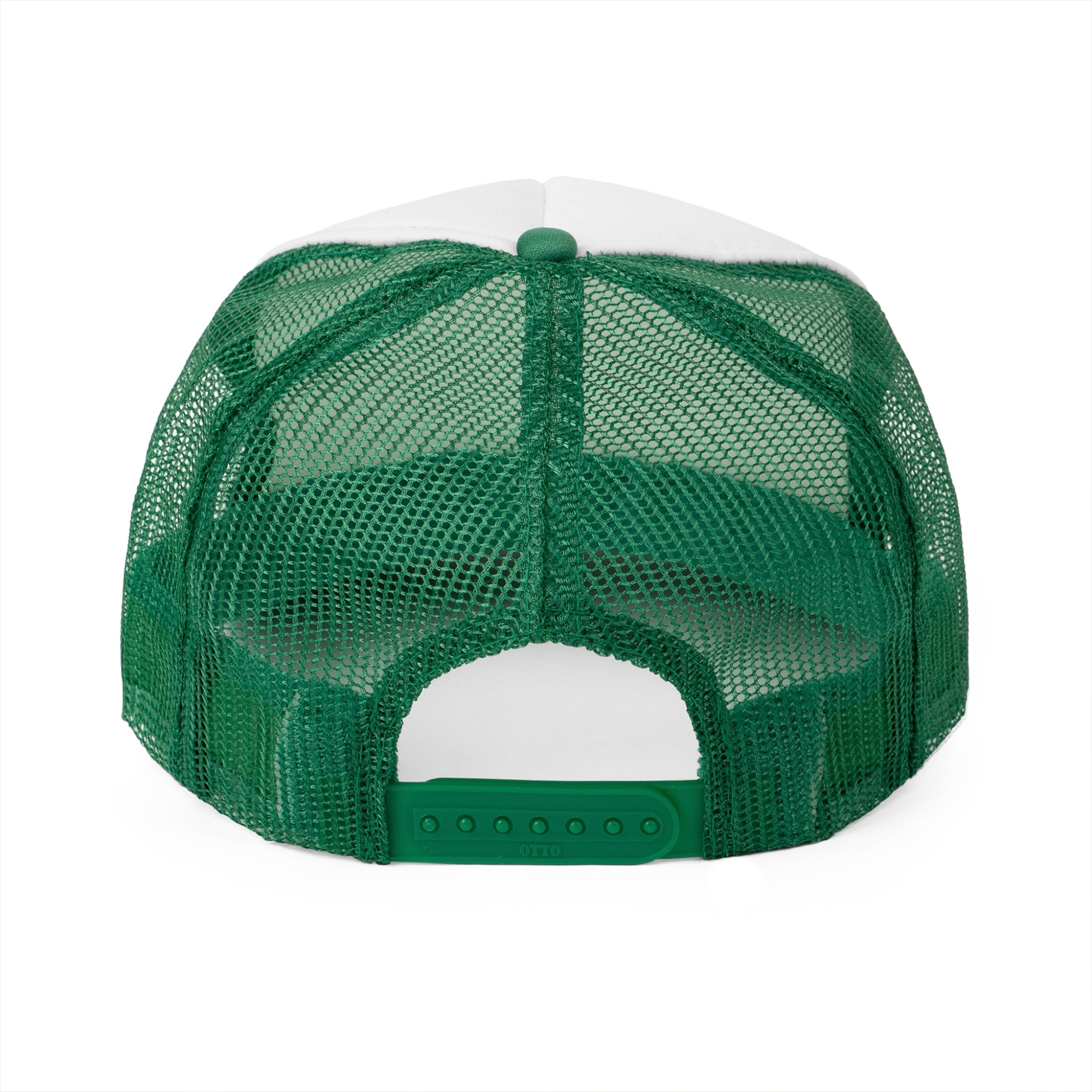 The Printify "The Lebanon Loop - Indiana" trucker cap features a green brim, mesh back, and an adjustable plastic snap closure. It showcases a blurred print of a highway sign that reads "39 Lebanon Lizton 1 mi" in white text on a green background, making it the perfect addition to your collection.