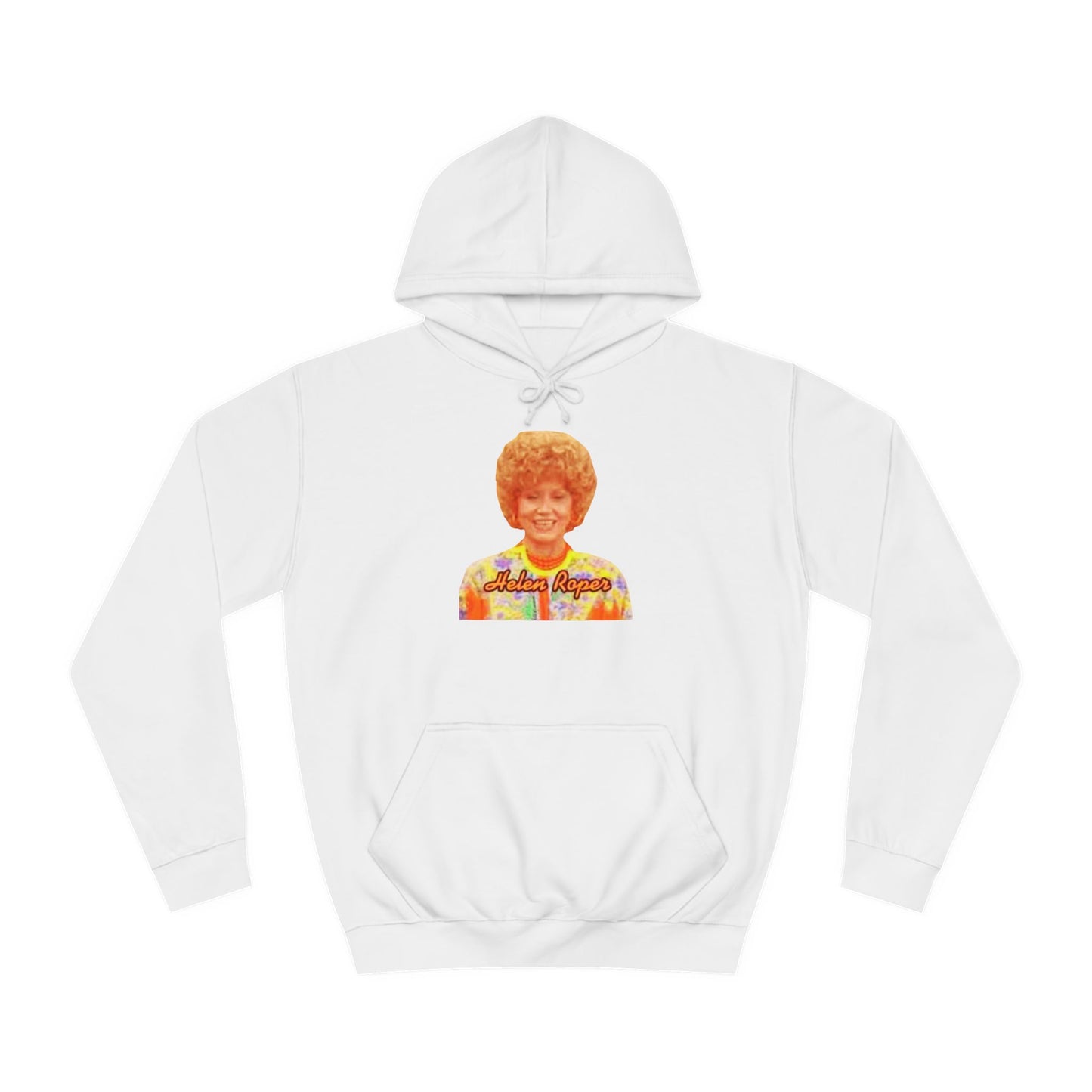 This Helen Roper - Three's Company unisex hoodie by Printify features a lively graphic of a woman with curly hair in a vibrant, patterned outfit. The elegantly scripted text "Mother Rogers" beneath her adds a vintage fashion flair to any wardrobe.