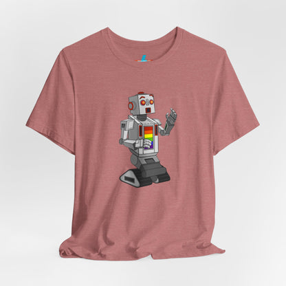 The "Gay Robot - Unisex Jersey Short Sleeve Tee" by Printify is a vibrant orange shirt featuring a retro-style robot graphic. The silver robot, accented with red and inspired by Nick Swardson's Gay Robot t-shirt, sports a colorful chest display. Laid flat against a white background, the design is showcased prominently.