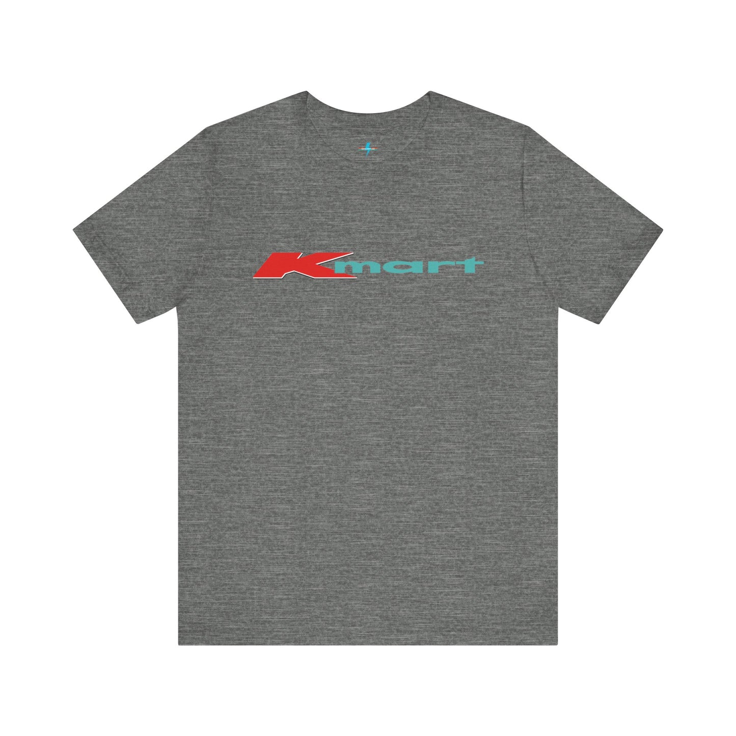 The Printify KMart Logo 1980s Retro - Unisex Jersey Short Sleeve Tee in dark gray features a nostalgic design with the iconic logo in red and teal across the chest. This short-sleeve crew-neck shirt exudes vintage charm with its simple, classic look.