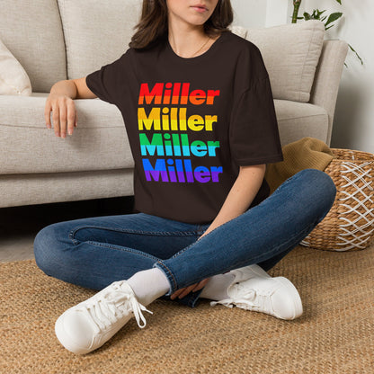 Miller Beach Rainbow Retro Tee — Vintage Stack Name Pride T-Shirt