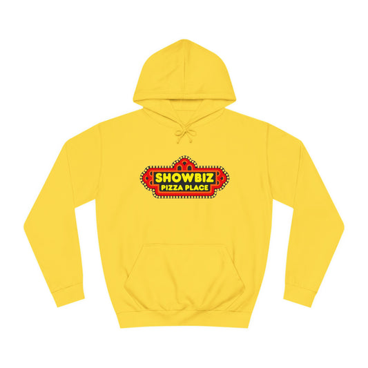 This yellow Showbiz Pizza Place Unisex Hoodie by Printify features a retro design with the iconic logo on the chest in bold red, black, and white colors. It includes a front pocket and drawstring hood, capturing the nostalgic feel of the animatronic bear era.