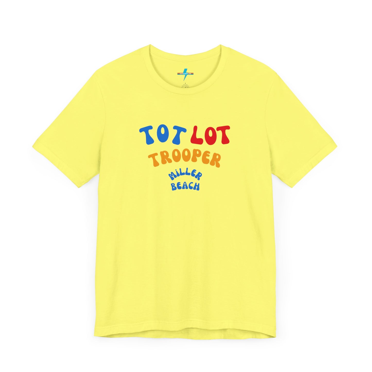 A green unisex jersey short sleeve tee from Printify, featuring colorful text on the front that reads "TOT LOT TROOPER MILLER BEACH" in blue, red, yellow, and orange letters. The shirt is displayed against a plain white background.