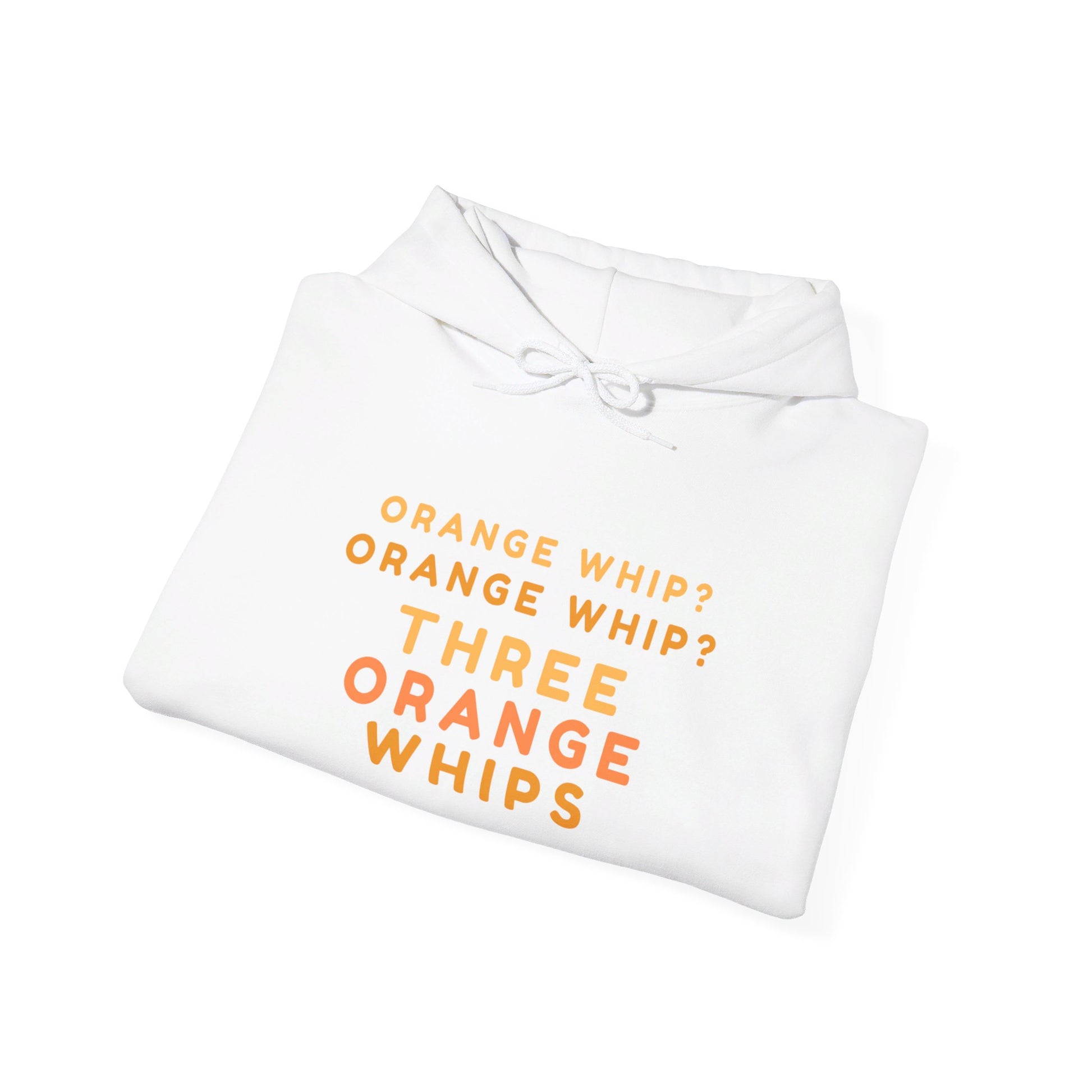 The Three Orange Whips - Blues Brothers - Unisex Heavy Blend™ Hoodie by Printify is designed in navy blue with the text "ORANGE WHIP? ORANGE WHIP? THREE ORANGE WHIPS" printed on the front in orange and yellow letters, inspired by *The Blues Brothers*. This hoodie features a front pocket and an adjustable drawstring hood.