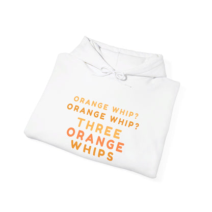 The Three Orange Whips - Blues Brothers - Unisex Heavy Blend™ Hoodie by Printify is designed in navy blue with the text "ORANGE WHIP? ORANGE WHIP? THREE ORANGE WHIPS" printed on the front in orange and yellow letters, inspired by *The Blues Brothers*. This hoodie features a front pocket and an adjustable drawstring hood.