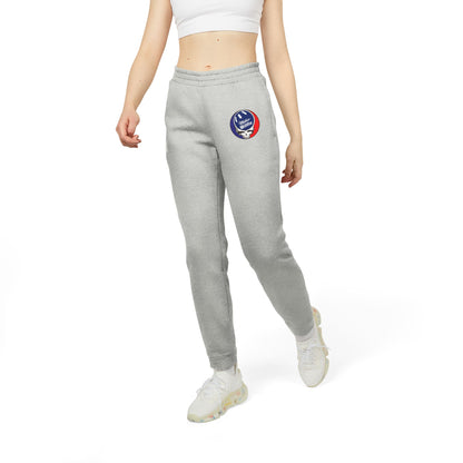 Adidas Unisex Fleece Joggers from Printify, featuring a gray design with an embroidered basketball and hoop logo on the upper left leg, made from sustainable materials for ultimate comfort and style.