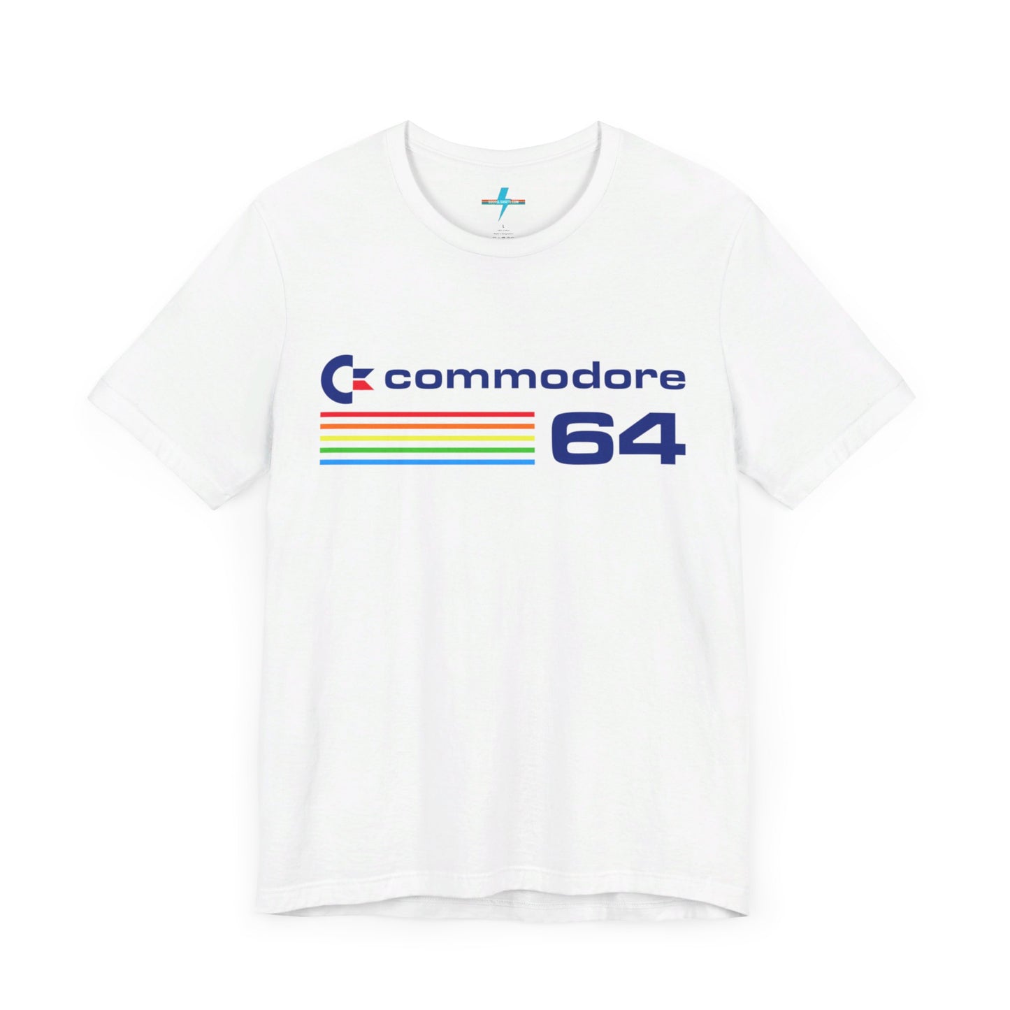 The 1980s Commodore 64 Computer C64 Unisex Jersey Short Sleeve Tee from Printify features a green T-shirt adorned with a vintage design showcasing the text "Commodore 64" and multicolored horizontal lines next to it. The word "Commodore" is emblazoned in blue alongside the Commodore logo, while the number "64" is also highlighted in blue on the right. Ideal for any retro tech enthusiast, this shirt is displayed against a white background.