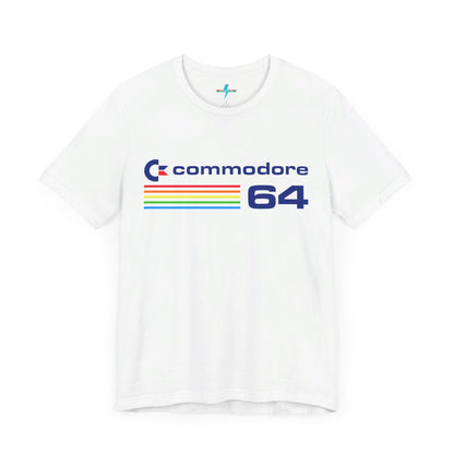 The 1980s Commodore 64 Computer C64 Unisex Jersey Short Sleeve Tee from Printify features a green T-shirt adorned with a vintage design showcasing the text "Commodore 64" and multicolored horizontal lines next to it. The word "Commodore" is emblazoned in blue alongside the Commodore logo, while the number "64" is also highlighted in blue on the right. Ideal for any retro tech enthusiast, this shirt is displayed against a white background.