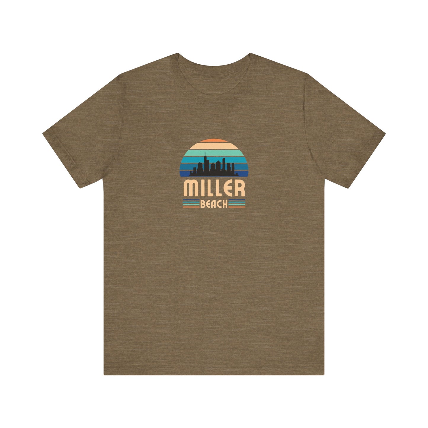 A brown unisex jersey short sleeve tee called "Miller Beach Chicago Skyline" from Printify features a vintage-style design with a sunset, the Chicago skyline, and "Miller Beach" in bold letters. The design incorporates shades of blue, orange, and yellow and is displayed against a plain white background.