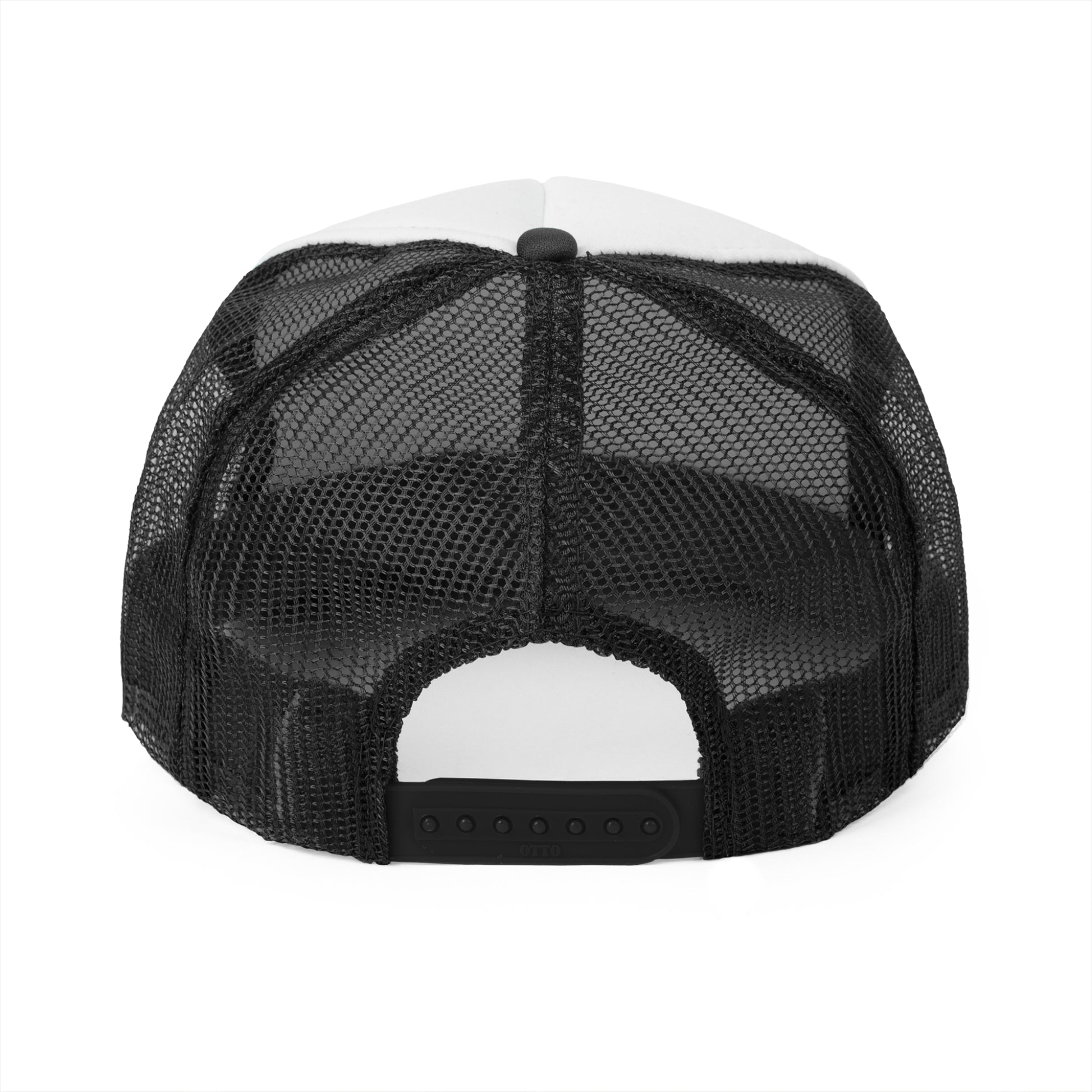 The Miller Wiffel Ball OG Logo - Trucker Cap by Printify is a stylish black and white hat featuring a black mesh back. The front panel is white and showcases a dark blue circle logo with the text "Miller Wiffle" in white, inside a design that resembles a Wiffle ball. This trucker cap includes an adjustable plastic snap closure for the perfect fit.