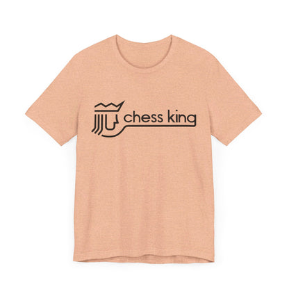 A unisex jersey short sleeve tee from Printify, featuring the Chess King 1980's Clothing Store Logo with a black, stylized king chess piece and the words "Chess King" on a blue background, reminiscent of retro 80s fashion.