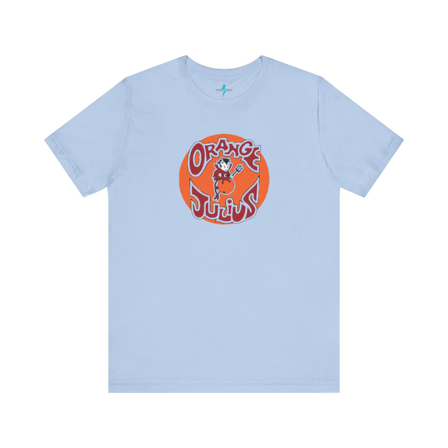 The Orange Julius 1980's Logo Unisex Jersey Style T-Shirt from Printify boasts a light gray color and features a vintage-style graphic. The design showcases the text "Orange Julius" in a stylized font within an orange circle, along with a small cartoon character holding a drink at the center—a nostalgic nod to timeless refreshment.