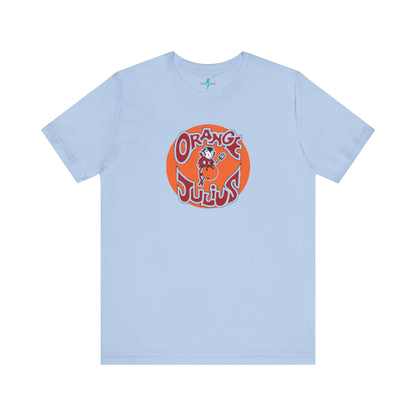 The Orange Julius 1980's Logo Unisex Jersey Style T-Shirt from Printify boasts a light gray color and features a vintage-style graphic. The design showcases the text "Orange Julius" in a stylized font within an orange circle, along with a small cartoon character holding a drink at the center—a nostalgic nod to timeless refreshment.