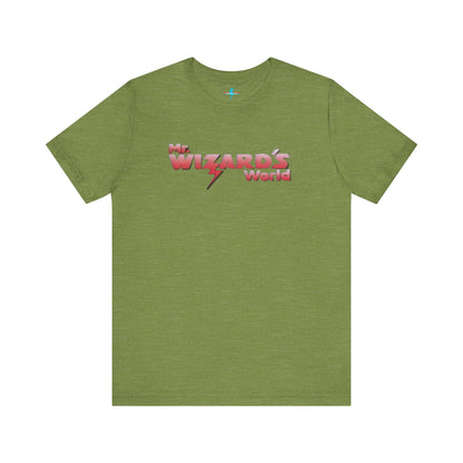 A purple Mr. Wizard's World T-shirt from Printify, featuring bold gradient red and white text with a lightning bolt through the letter "A" in "Wizard." Ideal for science enthusiasts and fans of the iconic 1980s Nickelodeon show, this unisex jersey short sleeve tee is displayed against a plain white background.