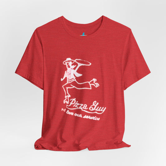 The "Mr. Pizza Guy - Fast Times at Ridgemont High - Unisex Jersey Short Sleeve Tee" by Printify features a white illustration of a skeleton wearing a hat and holding a pizza on its red fabric. Beneath the graphic, playful text reads "Pizza Guy" and "The Best Service," giving this tee its vintage flair. The shirt is showcased against a plain, light background.