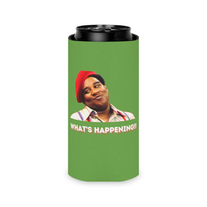 An image of the What's Happening!! Koozie by Printify shows a green beverage holder featuring a smiling person in a red cap. The bold text "WHAT'S HAPPENING!!" appears below the photo, evoking the style of 1970s TV. The base includes the website "SOCOOLSHIRTS.COM" in blue and red, making it the ideal Rerun Koozie.