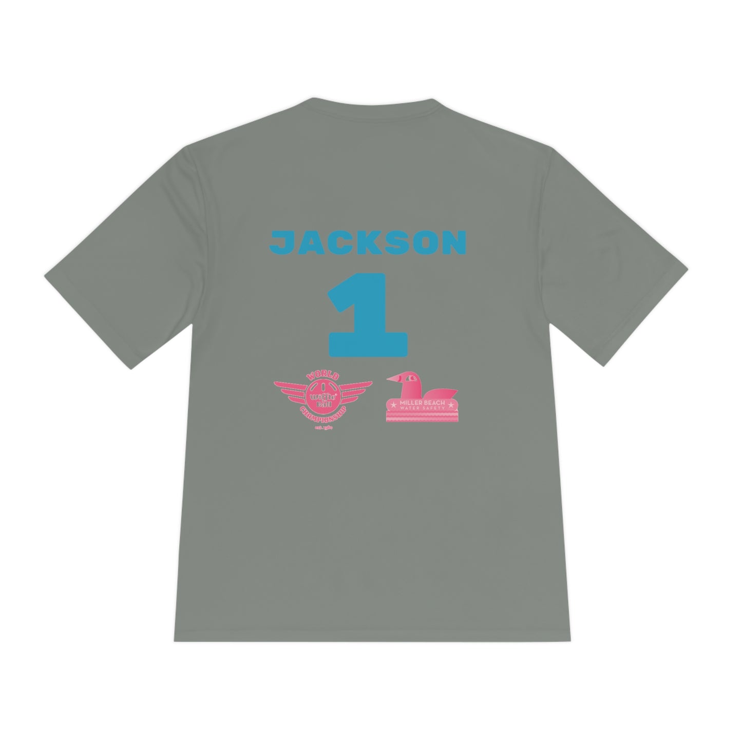 Introducing the "Miller Beach Flamingos - Jackson 01" Unisex Moisture Wicking Tee by Printify. This beige T-shirt showcases "Miller Beach" in a pink cursive font accompanied by a small pink flamingo illustration. Below, "FLAMINGOS" is displayed in bold pink capital letters, with a blue "01" on the bottom right corner. As part of the Sport-Tek PosiCharge Competitor collection, this lightweight shirt provides superior moisture-wicking performance.