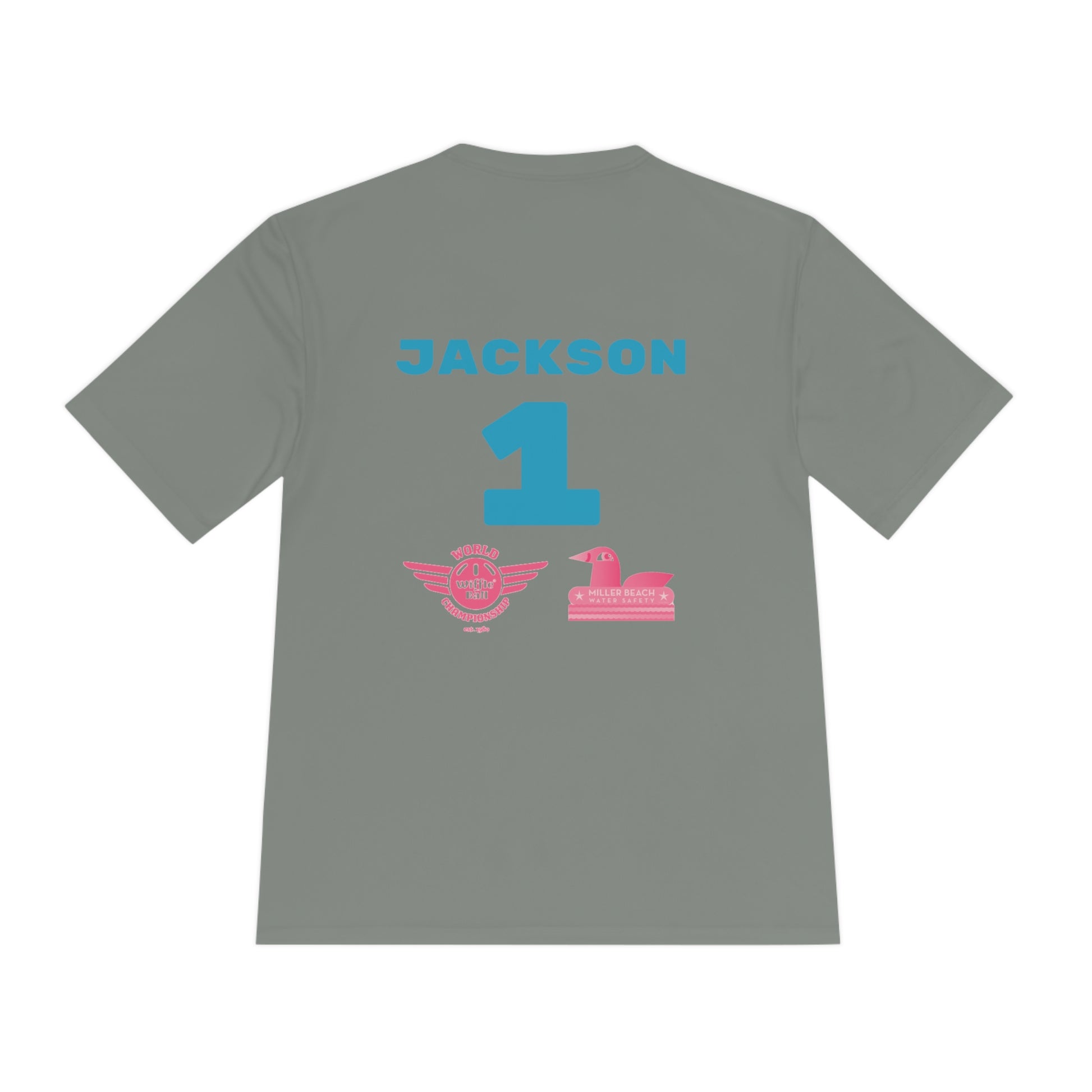 Introducing the "Miller Beach Flamingos - Jackson 01" Unisex Moisture Wicking Tee by Printify. This beige T-shirt showcases "Miller Beach" in a pink cursive font accompanied by a small pink flamingo illustration. Below, "FLAMINGOS" is displayed in bold pink capital letters, with a blue "01" on the bottom right corner. As part of the Sport-Tek PosiCharge Competitor collection, this lightweight shirt provides superior moisture-wicking performance.