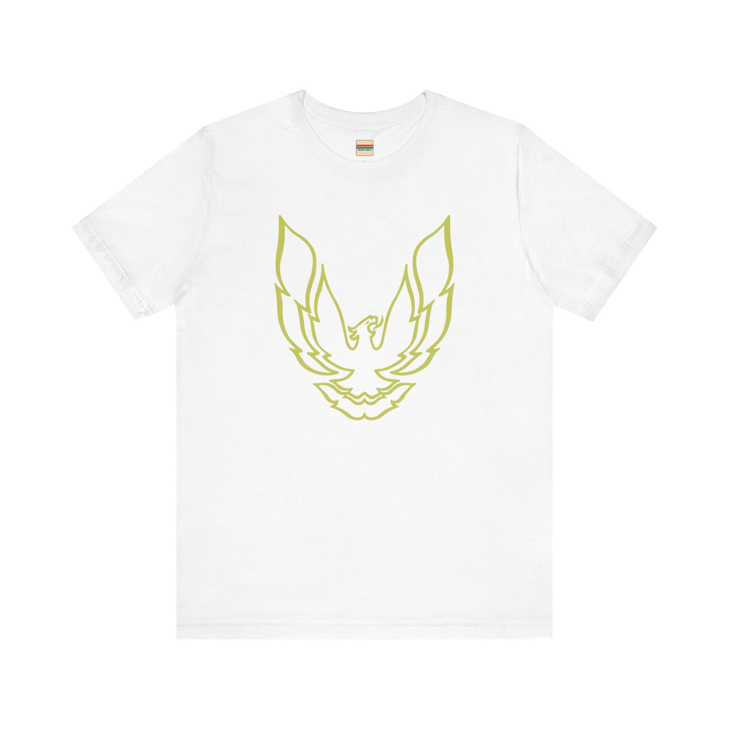 The Pontiac Trans Am Phoenix Shirt - Unisex Jersey Short Sleeve Tee by Printify is a classic black T-shirt that showcases a stylized yellow phoenix design on the front, reminiscent of the iconic Pontiac Trans Am. The shirt is displayed laid flat against a white background.