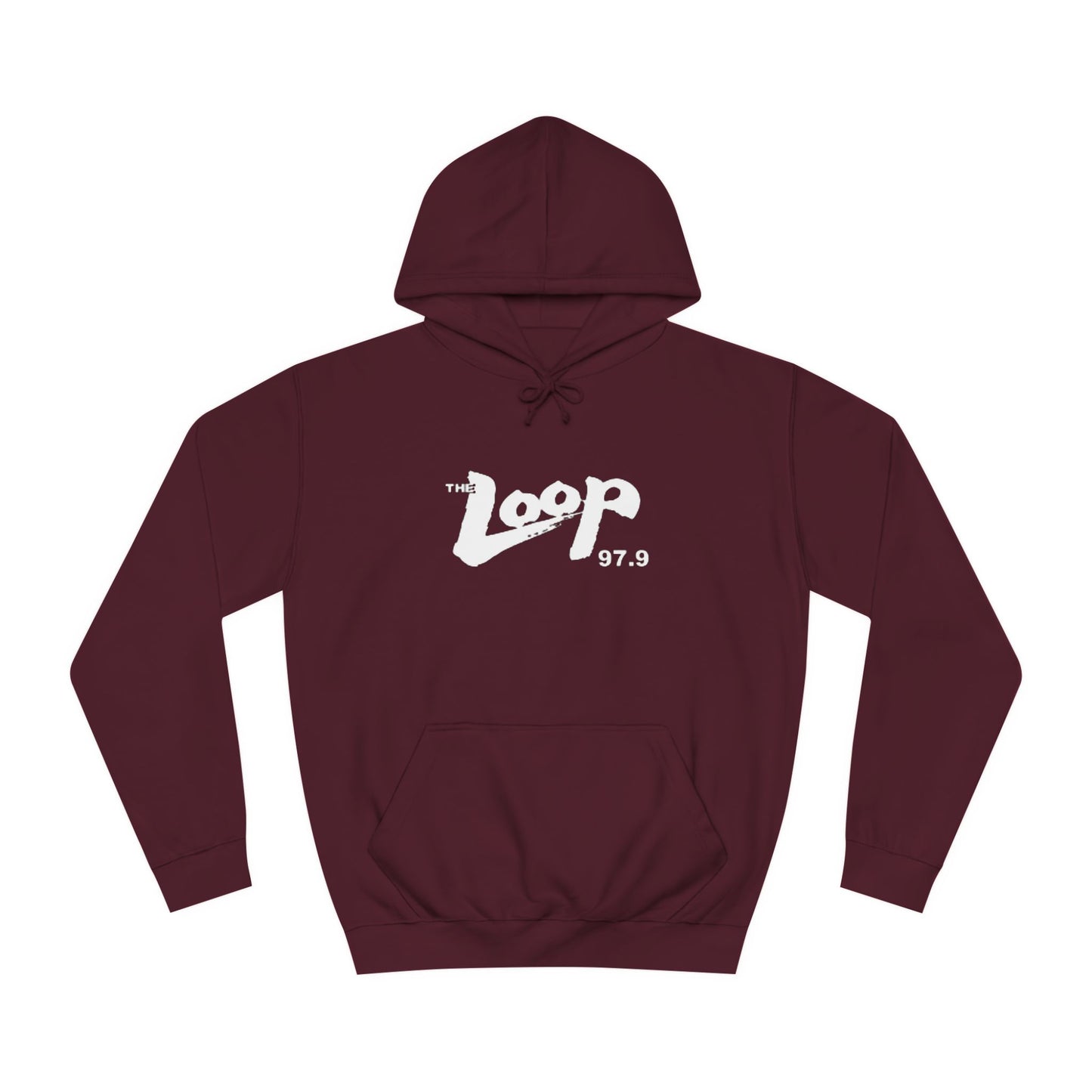 The Loop 97.9 Chicago Radio 1980s Hoodie by Printify showcases "The Loop 97.9" in striking white letters along with the iconic logo on the front. This essential piece for fans of the legendary Chicago rock radio station also features a handy front pocket and a drawstring hood.