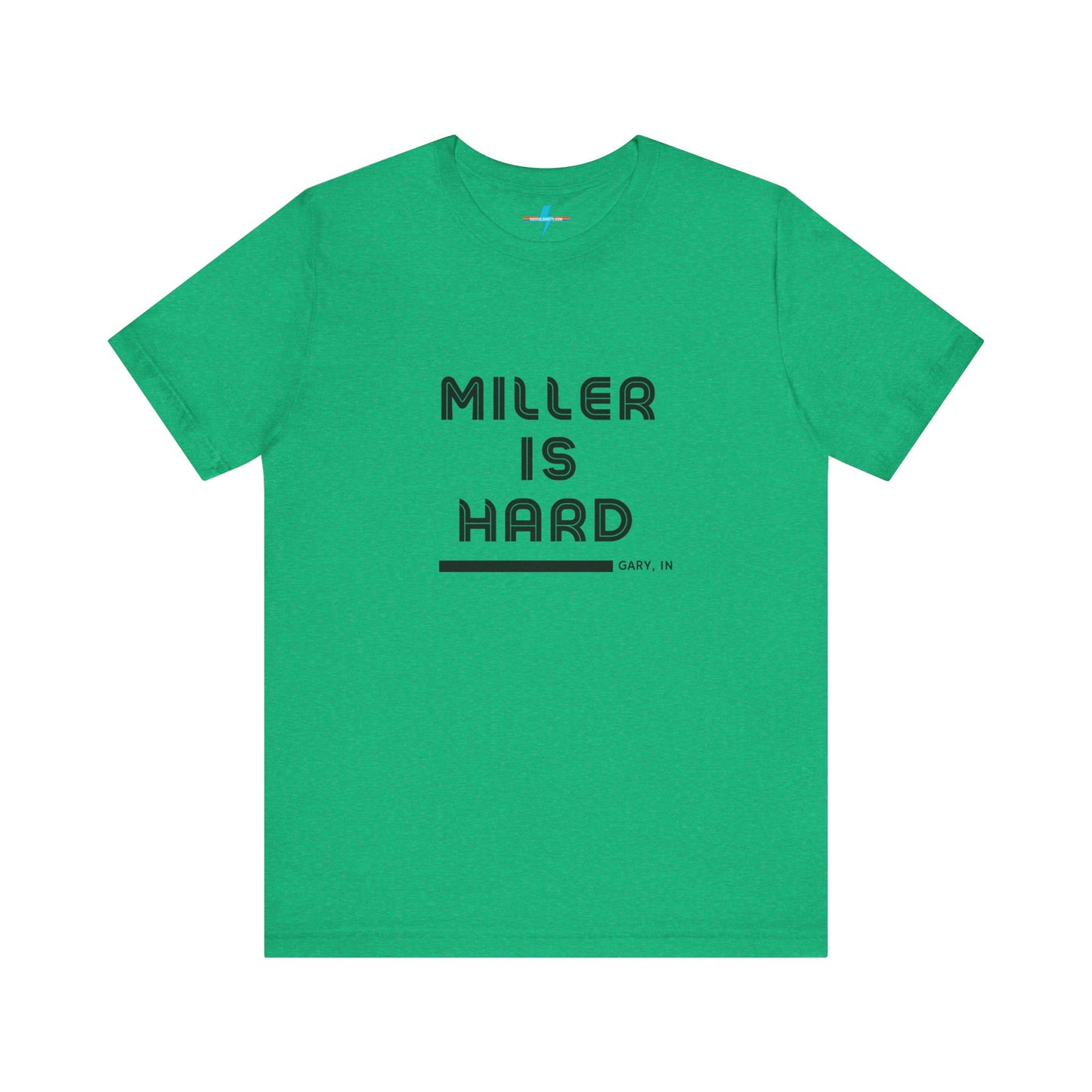 A unisex jersey short sleeve tee from Printify in burnt orange features the bold black text "MILLER IS HARD" on the chest, with "GARY, IN" written beneath in smaller black font. Perfect for showcasing Miller Beach's iconic spirit, this t-shirt is displayed against a plain white background.