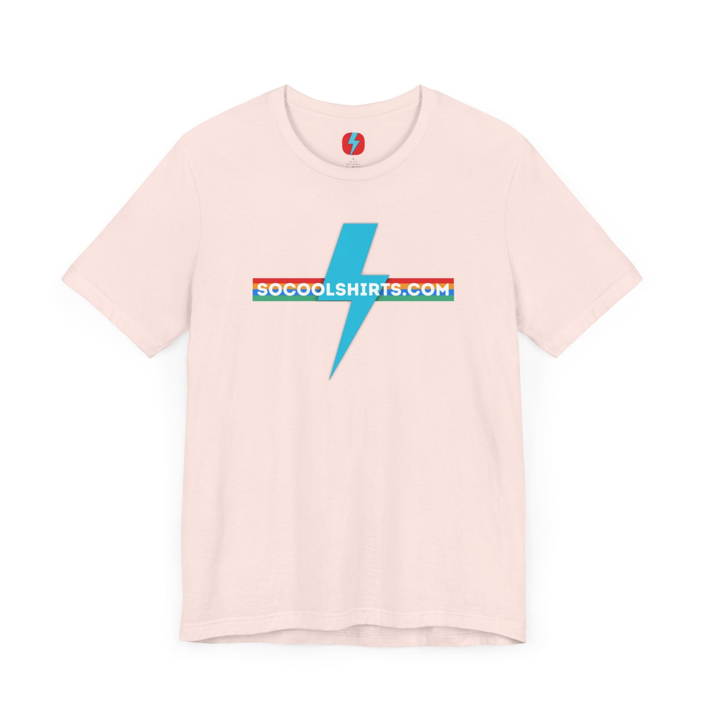 This unisex jersey short sleeve tee by Printify features a striking maroon color with a central light blue lightning bolt design. The text "SOCOOLSHIRTS.COM" is prominently displayed across the lightning bolt in white letters, set against a multicolored background that exudes retro vibes. The shirt is shown laid flat on a white backdrop.