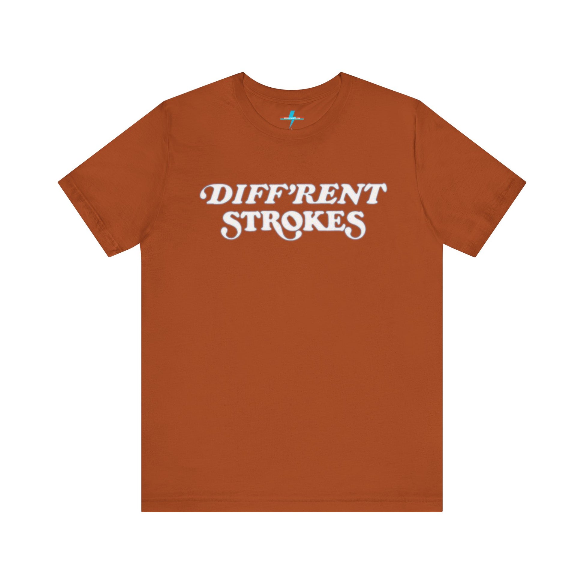 A burnt orange "Diff’Rent Strokes - Retro 1980s" unisex jersey short sleeve tee by Printify, featuring the phrase "DIFF'RENT STROKES" in bold, white cursive letters across the chest. The plain white backdrop perfectly showcases this nostalgic TV apparel.