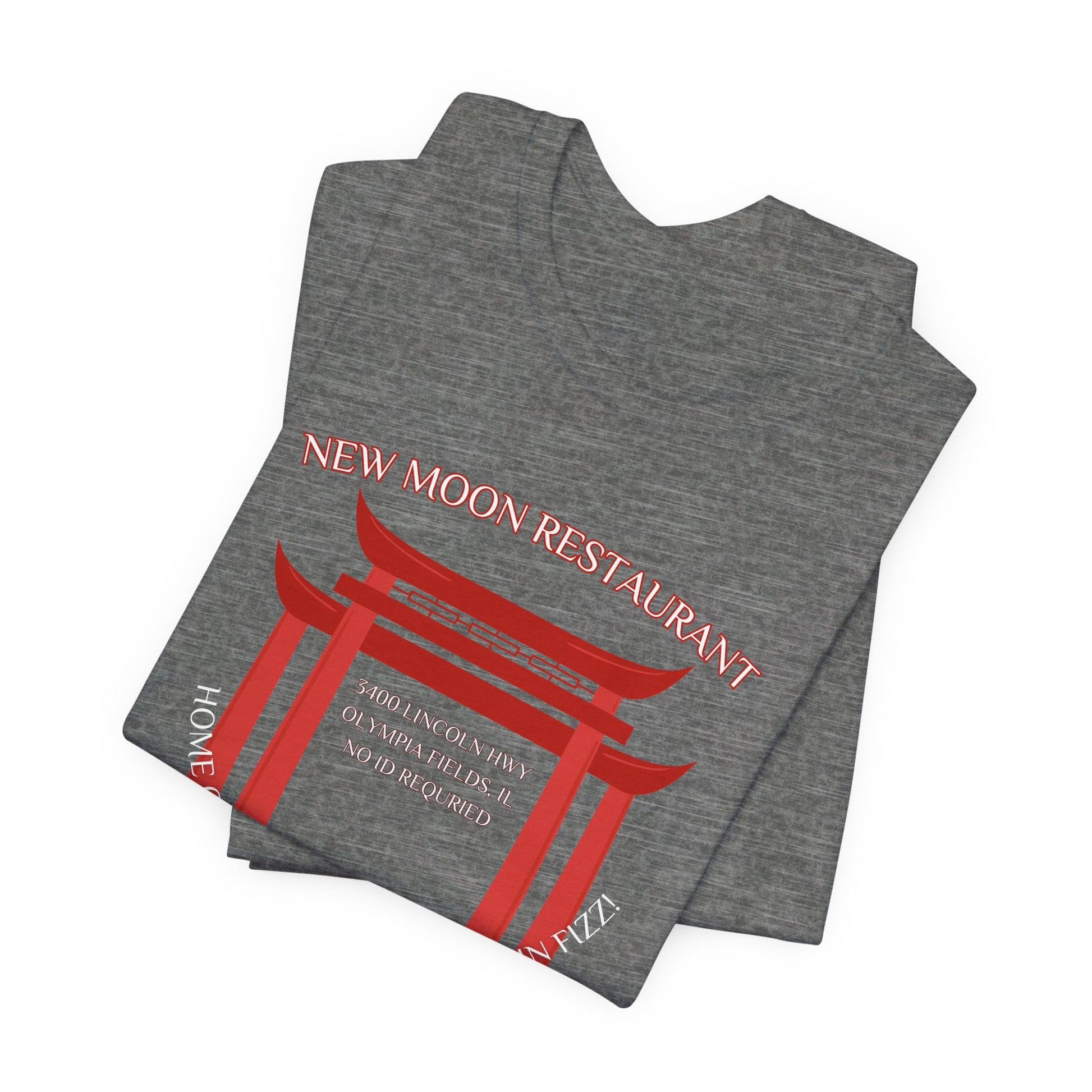 The New Moon Restaurant - Olympia Fields 1980s Retro Unisex Jersey Short Sleeve Tee by Printify is a nostalgic black jersey that features a red torii gate graphic with the text "New Moon Restaurant" at the top. Below the gate, it reads "Home of Tessie and the Slo Poke Mai Tai," along with the address "8400 Lincoln Blvd, Olympia Fields, IL.