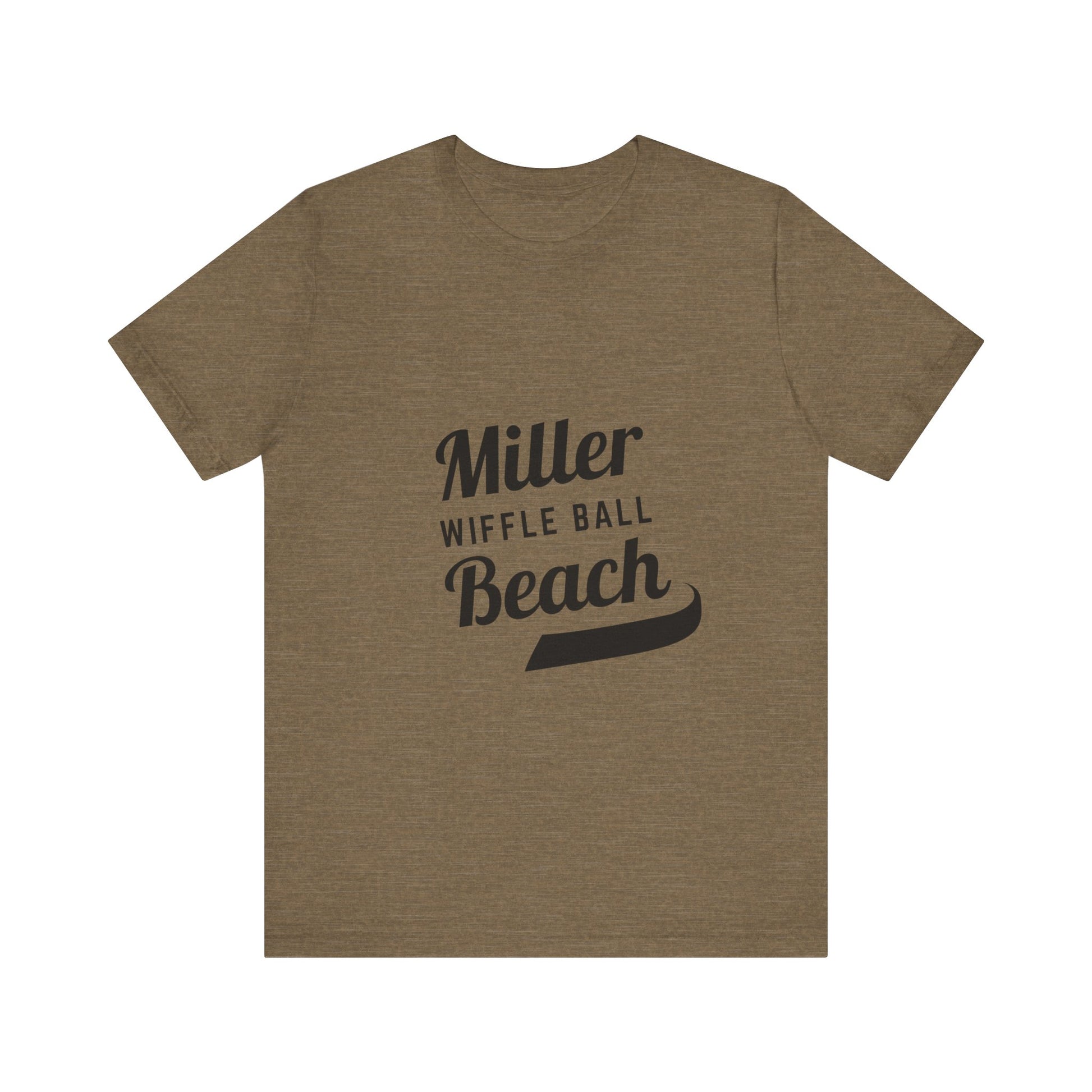 A light blue, soft cotton t-shirt with the text "Miller Beach Wiffel Ball" printed in black on the front. The design features a stylized, curved underline beneath the word "Beach," giving the text a dynamic appearance. This unisex jersey offers a comfortable retail fit for all. Product Name: Miller Beach Wiffel Ball - Unisex Jersey Short Sleeve Tee Retro Logo by Printify.