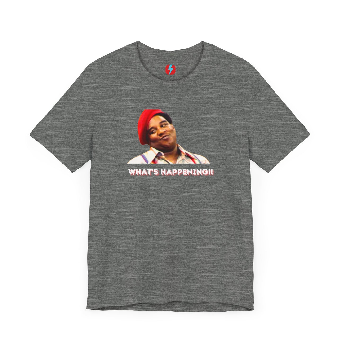 The Rerun - Fred Berry - What's Happening T-Shirt from Printify, a Retro 1980s Unisex Jersey Short Sleeve Tee, features an illustration of a person in a red cap and suspenders with the caption "WHAT'S HAPPENING!!" in white text below. This unique shirt is sure to make a statement!