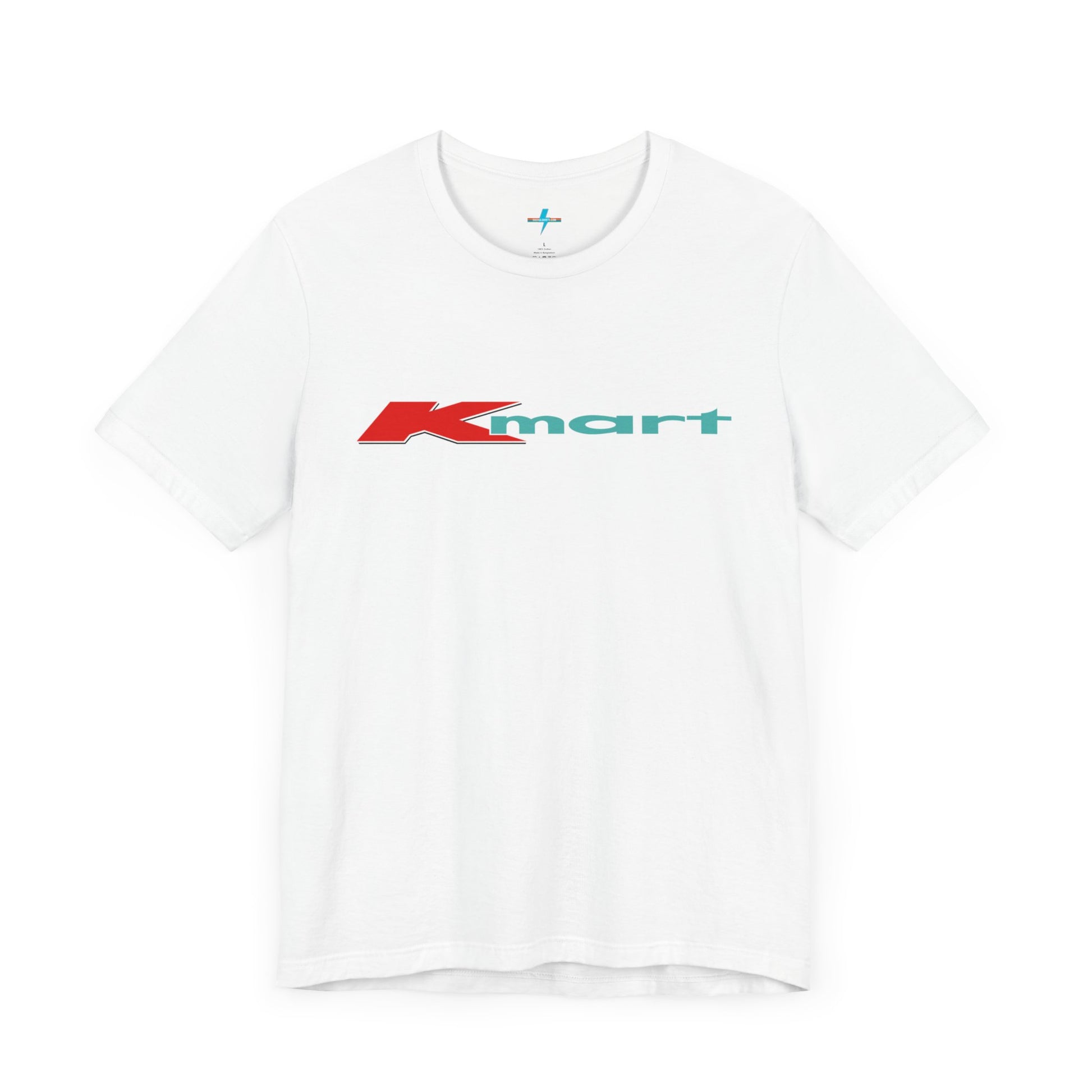 The Printify KMart Logo 1980s Retro - Unisex Jersey Short Sleeve Tee in dark gray features a nostalgic design with the iconic logo in red and teal across the chest. This short-sleeve crew-neck shirt exudes vintage charm with its simple, classic look.