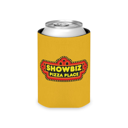 A retro-inspired koozie from Printify, named "Showbiz Pizza Place - Koozie," showcases a bold "Showbiz Pizza Place" logo with a red and black marquee design on a yellow background. The bottom features a small blue logo for "socoolshirts.com.