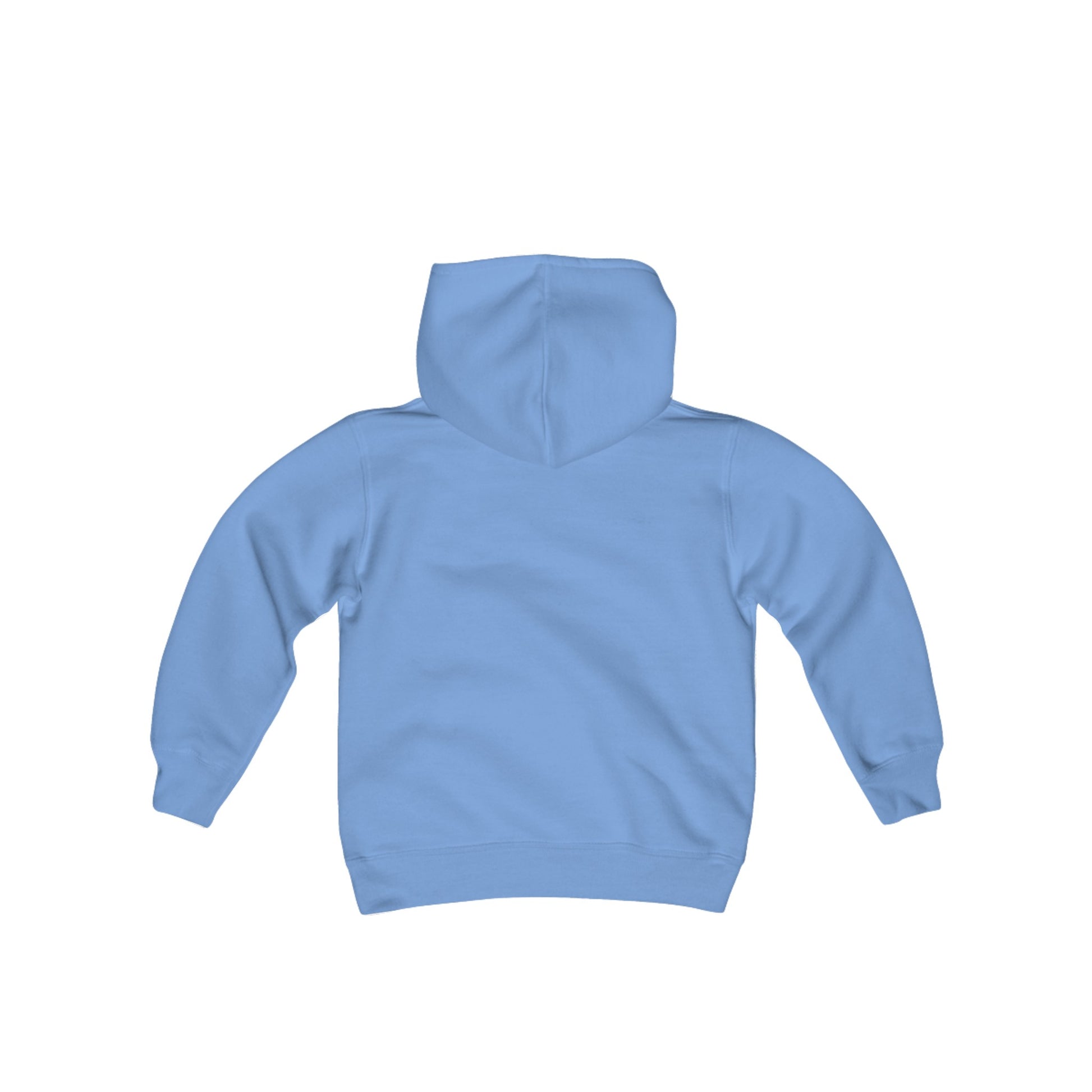 Introducing the Printify "Miller Beach Wiffel Ball OG Logo" Youth Heavy Blend Hooded Sweatshirt in light blue, featuring a front pocket and a chest graphic of a white wiffle ball with black holes. Made from ultra-soft fleece, the preshrunk garment showcases "Miller Wiffle" in blue lettering inside the ball.