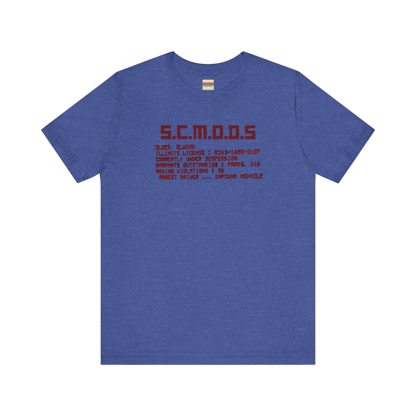 Two yellow "S.C.M.O.D.S. Blues Brother's - Unisex Jersey Short Sleeve Tee" shirts from Printify, featuring "S.C.M.O.D.S" in bold, stylized letters along with smaller text detailing terms like "Illinois," "license," and "impound vehicle." Perfect for fans of The Blues Brothers and Jake and Elwood Blues, the T-shirts are neatly folded and stacked.