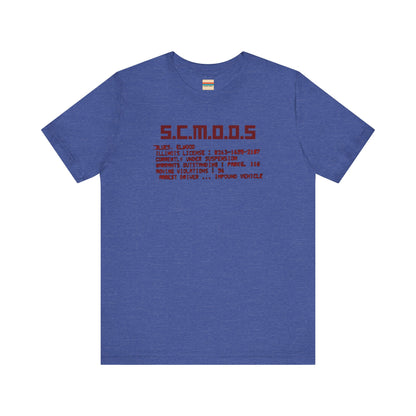 Two yellow "S.C.M.O.D.S. Blues Brother's - Unisex Jersey Short Sleeve Tee" shirts from Printify, featuring "S.C.M.O.D.S" in bold, stylized letters along with smaller text detailing terms like "Illinois," "license," and "impound vehicle." Perfect for fans of The Blues Brothers and Jake and Elwood Blues, the T-shirts are neatly folded and stacked.