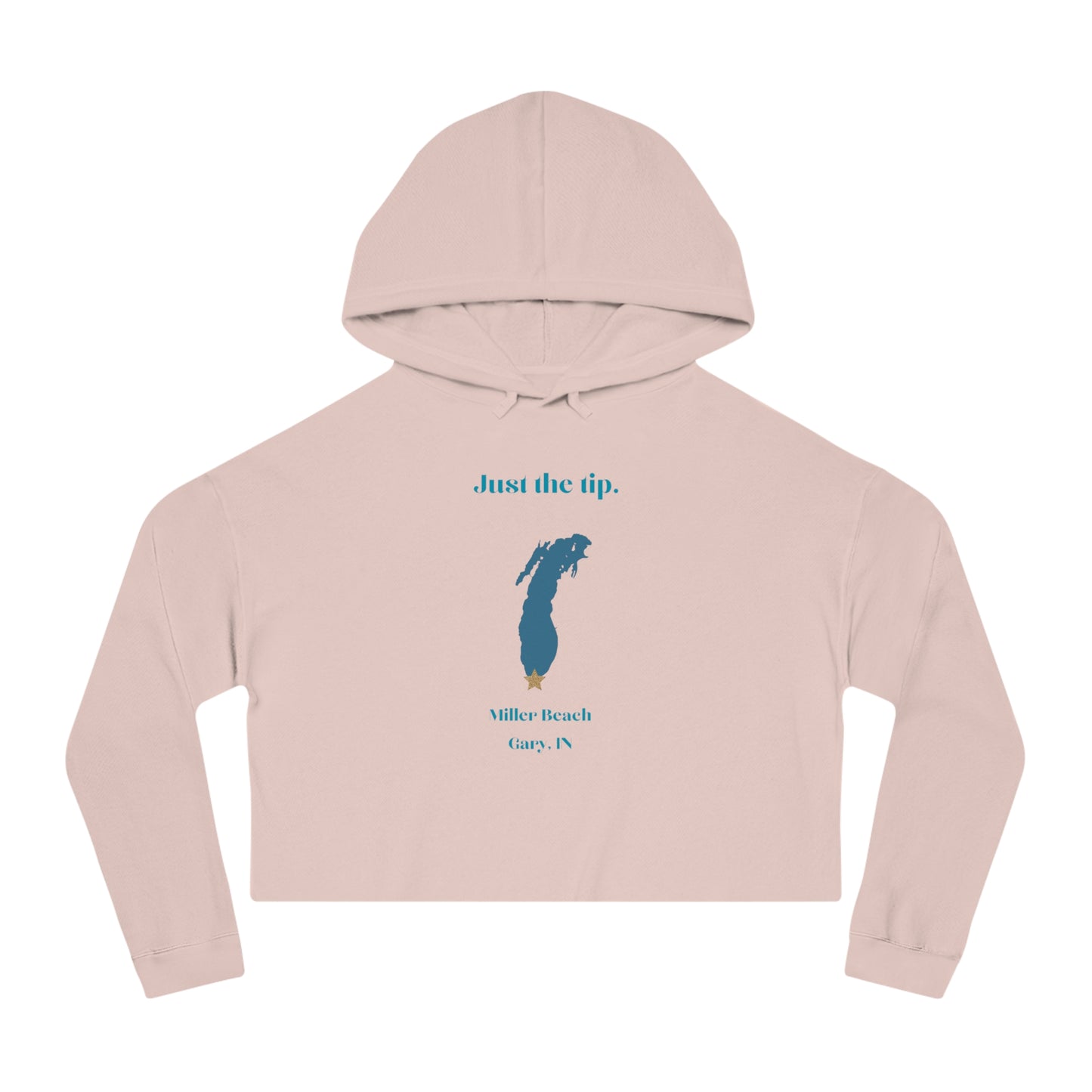 The "Just the Tip - Miller Beach - Women’s Cropped Hooded Sweatshirt" by Printify is designed in black camo with high-quality tri-blend fabric, showcasing a blue map shape and a yellow star. It features the phrase "Killer Beach" along with references to "Gary, IN," embodying the spirit of Miller Beach adventures.