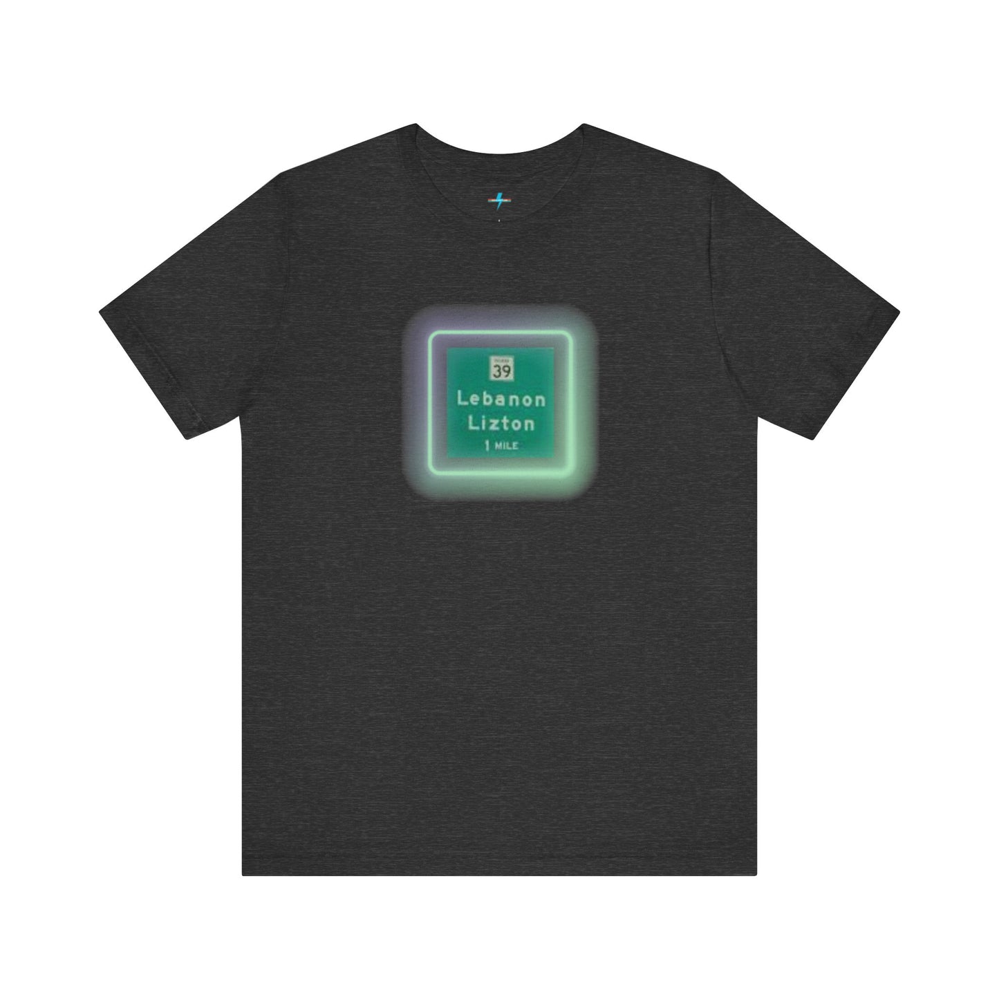 Introducing "The Lebanon Loop - Indiana" unisex jersey short sleeve tee by Printify. This green t-shirt features a graphic of a road sign displaying "39 Lebanon Lizton 1 MILE" within a slightly glowing square frame. It's crafted from 100% Airlume cotton and photographed flat on a white background.