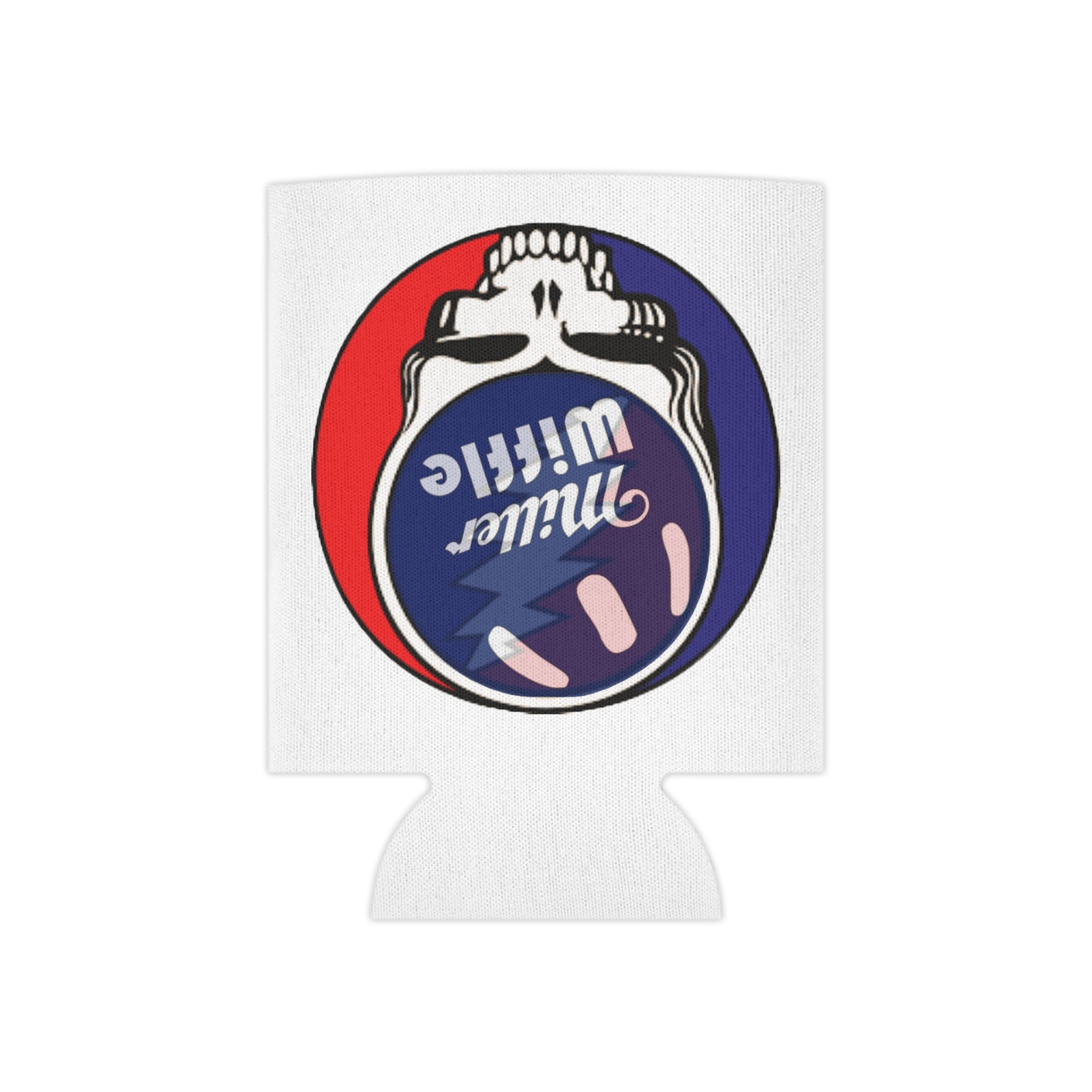 Introducing the Grateful Dead - Miller Wiffel Ball Steely Can Cooler by Printify. This lightweight, white beverage insulator features a stylish design with a stylized skull. The skull is topped with a wiffle ball-like sphere adorned in red, white, and blue, complete with a lightning bolt pattern and the text "Miller Wiffle." Keep your drinks cool in style with this eye-catching can cooler.