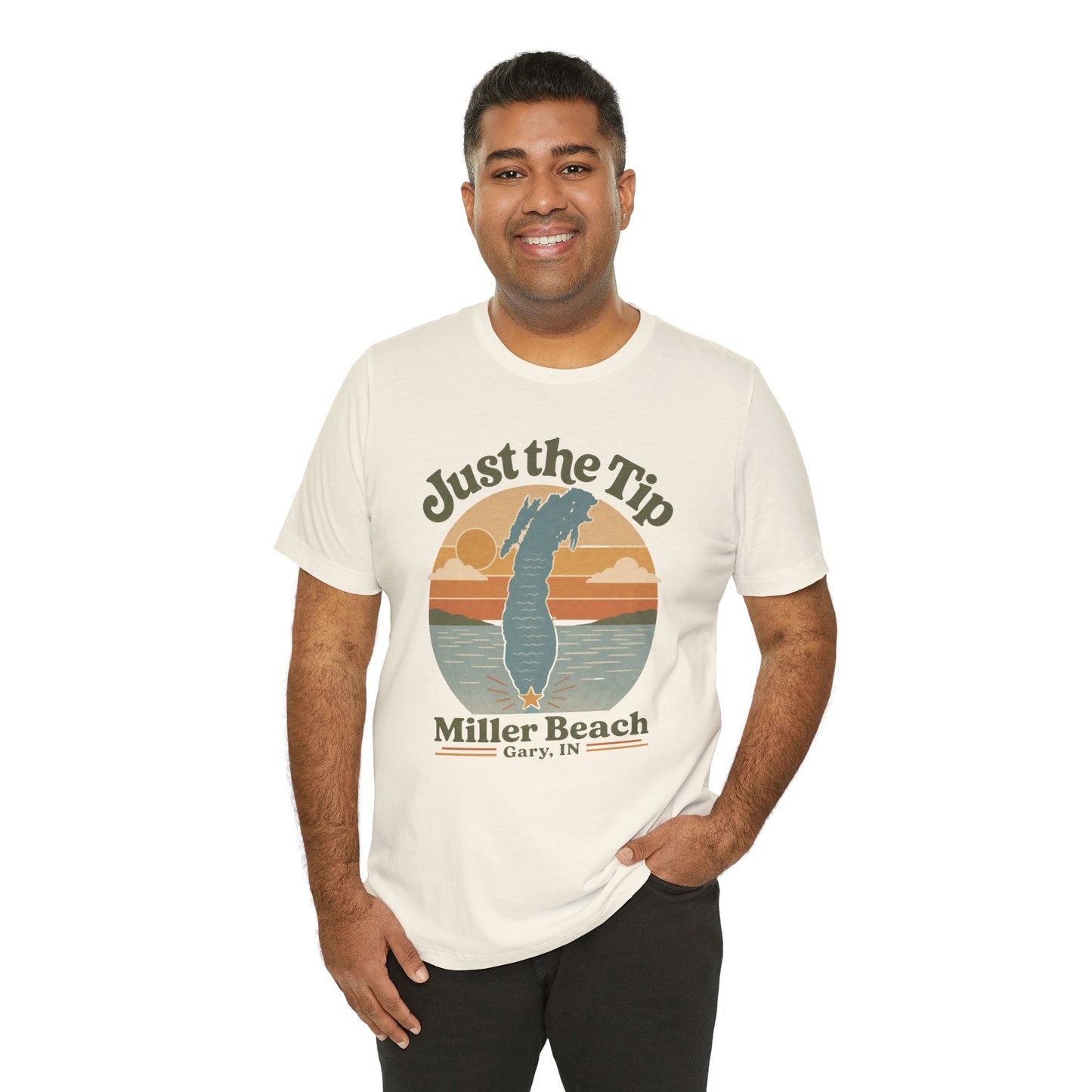Just the Tip 2026 Design Miller Beach Tee  — Retro Lake Michigan Sunset T‑Shirt
