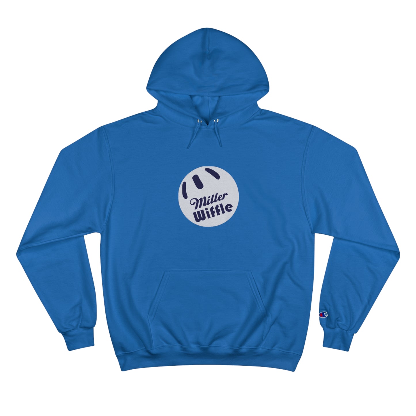 A navy blue Printify Miller Beach Wiffle Ball OG Logo - Sweatshirt, featuring a white wiffle ball graphic on the chest with "Miller Wiffle" in blue beneath it. Made from recycled polyester, this hoodie includes a front pocket, drawstrings, and the Champion logo on the left sleeve. It also offers Double Dry® technology for added comfort.