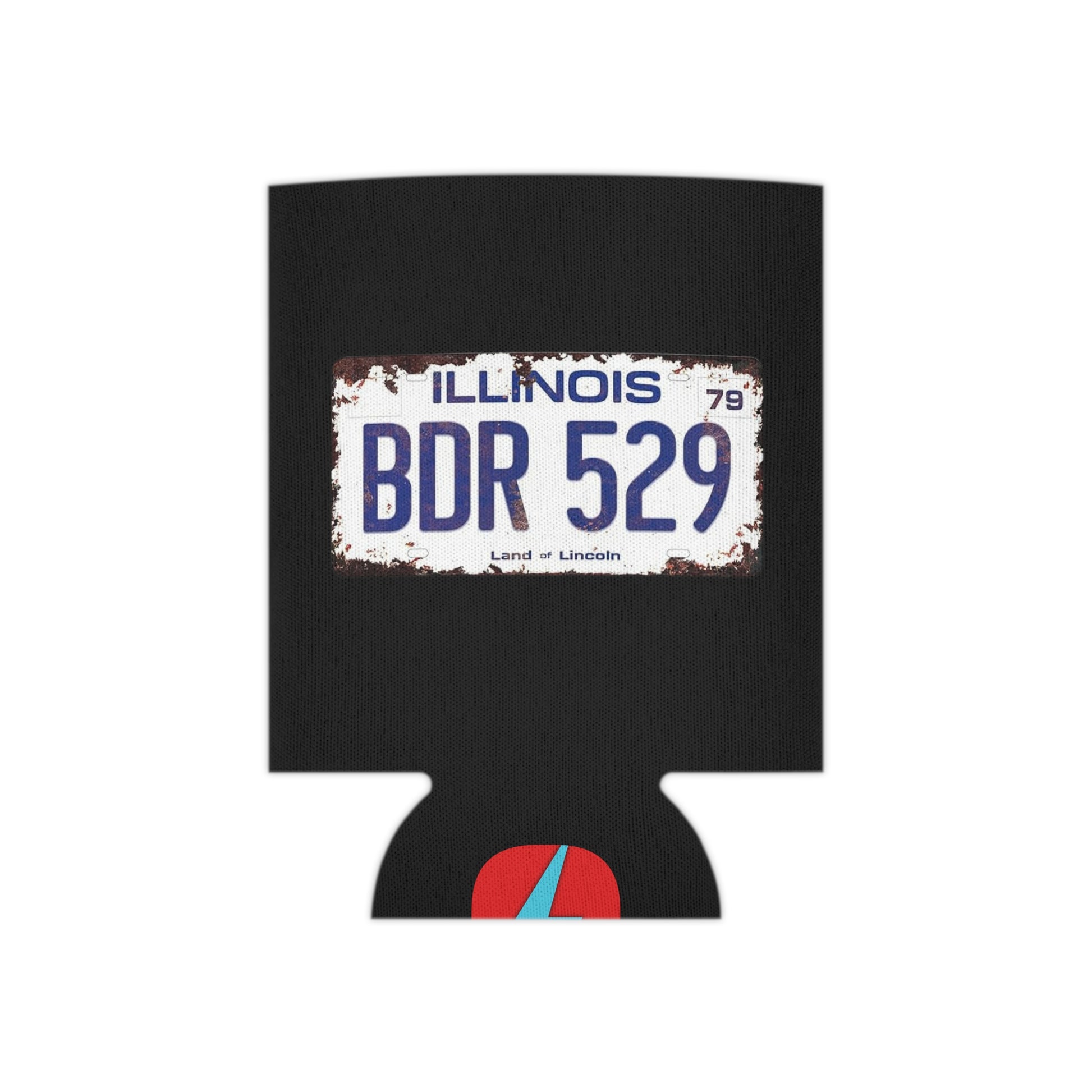 Printify's Blues Brothers - BDR 529 - Koozie is a black beverage can cooler that features a vintage Illinois license plate with "BDR 529" and "Land of Lincoln" on its front, evoking a road-trip vibe. At the bottom, a red circle with a blue lightning bolt symbol completes this stylish koozie.