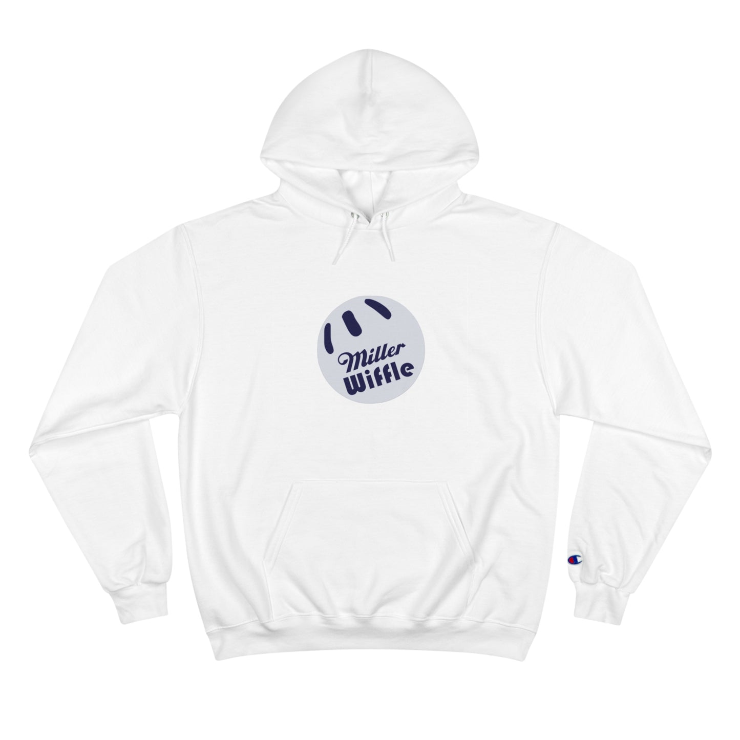 A navy blue Printify Miller Beach Wiffle Ball OG Logo - Sweatshirt, featuring a white wiffle ball graphic on the chest with "Miller Wiffle" in blue beneath it. Made from recycled polyester, this hoodie includes a front pocket, drawstrings, and the Champion logo on the left sleeve. It also offers Double Dry® technology for added comfort.