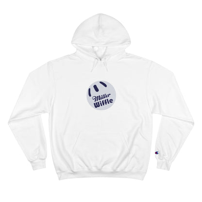 A navy blue Printify Miller Beach Wiffle Ball OG Logo - Sweatshirt, featuring a white wiffle ball graphic on the chest with "Miller Wiffle" in blue beneath it. Made from recycled polyester, this hoodie includes a front pocket, drawstrings, and the Champion logo on the left sleeve. It also offers Double Dry® technology for added comfort.