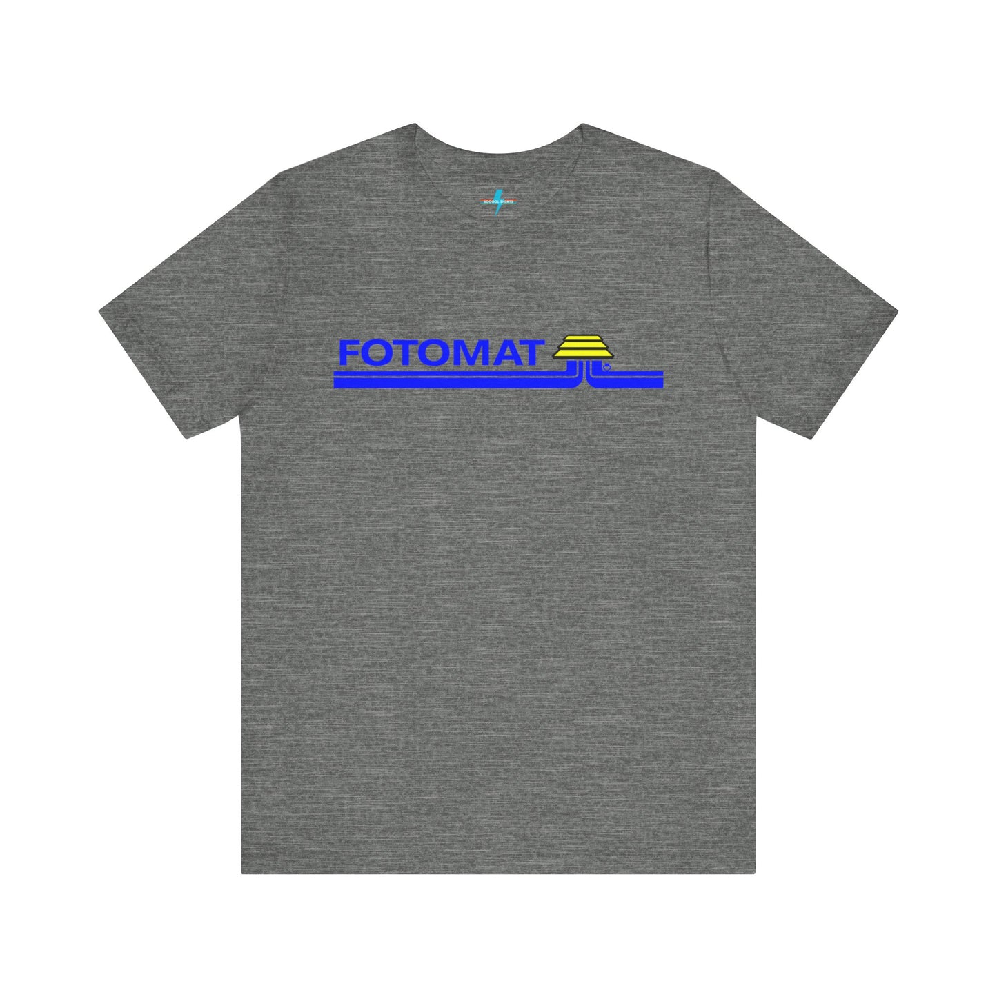 The Fotomat 1970s Retro T-Shirt by Printify is a dark gray short-sleeve shirt that features the word "FOTOMAT" in bold blue capital letters and a blue and yellow graphic design resembling layered lines and an upside-down triangle. This Tshirt captures the essence of 80s nostalgia with its centered, retro design.