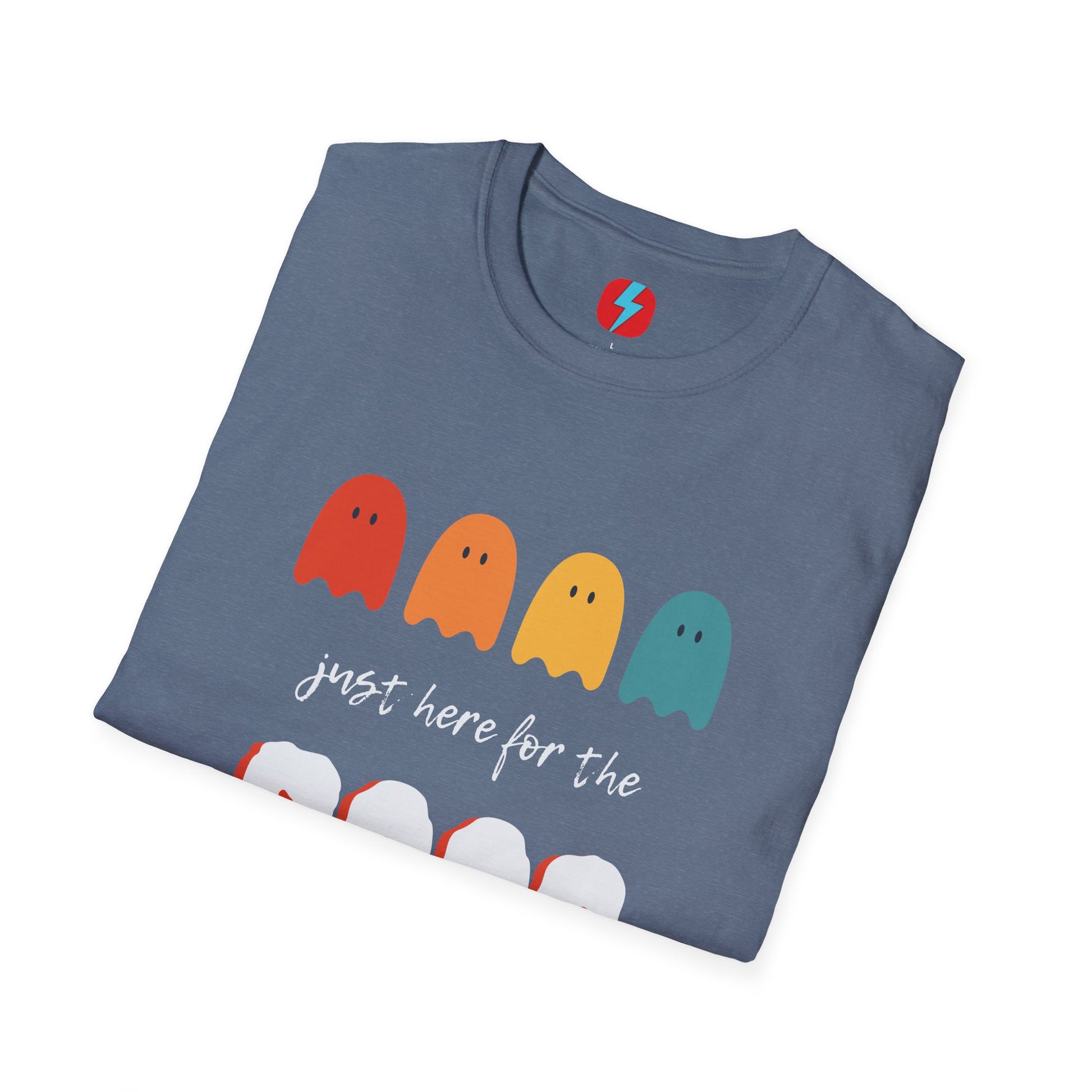 The "Just Here for the Boos - Halloween - Unisex Softstyle T-Shirt" by Printify is a blue, unisex tee with a playful Halloween theme. It features four ghost icons in red, orange, yellow, and green, followed by the text "just here for the BOOS" with "BOOS" styled in a bold and spooky font. Perfect for embracing the spooky season!