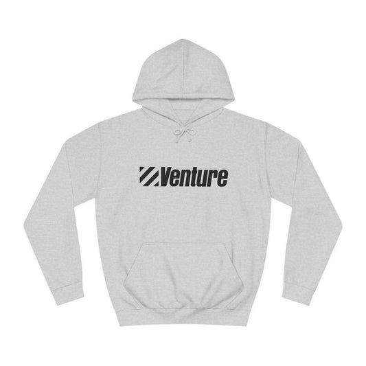 This light gray unisex college hoodie from Printify features the word "Venture" and a stylized logo printed in black on the front. It harkens back to retro retail therapy with a front pocket and drawstring hood, seamlessly blending nostalgic style with modern comfort. The product name is Venture Stores - 1980s Logo - Unisex College Hoodie.