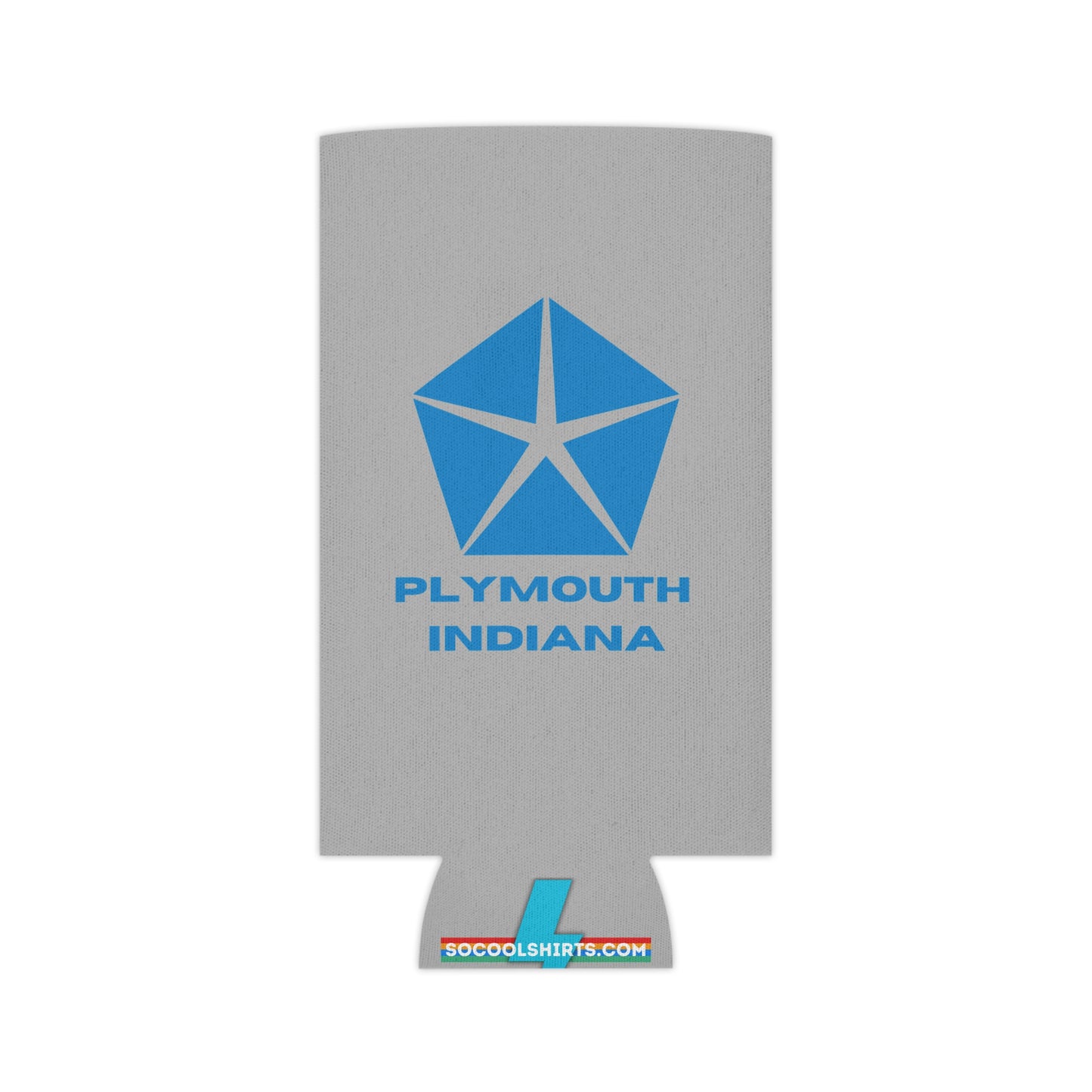 The Plymouth Indiana Koozie by Printify is a gray foam can koozie adorned with a blue geometric star logo above the text "PLYMOUTH INDIANA." At the bottom, it features a retro-inspired design with the text "SOCOOLSHIRTS.COM" in red and blue.