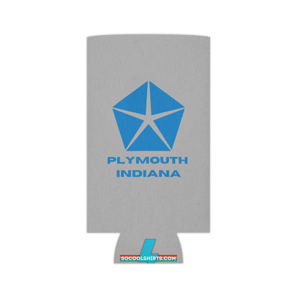 The Plymouth Indiana Koozie by Printify is a gray foam can koozie adorned with a blue geometric star logo above the text "PLYMOUTH INDIANA." At the bottom, it features a retro-inspired design with the text "SOCOOLSHIRTS.COM" in red and blue.