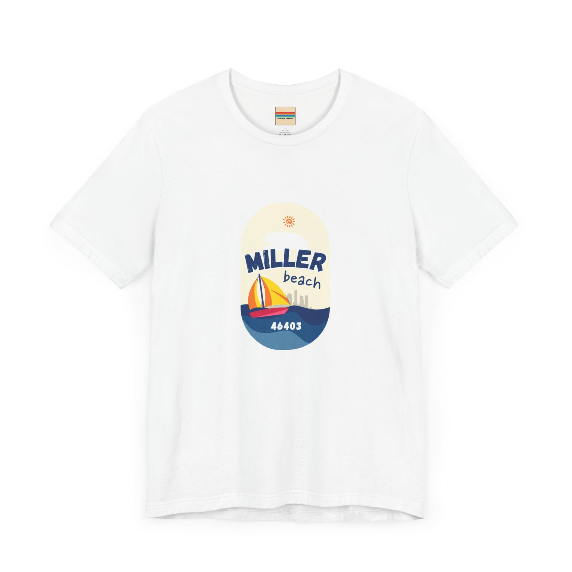 The Miller Beach Sailboat - Unisex Jersey Short Sleeve Tee by Printify features a vibrant graphic design portraying a sailboat on water with a sun above it and the text "MILLER beach 46403." This white retail fit shirt is crafted from soft Airlume combed cotton and showcases rounded graphics in blue, orange, and yellow.