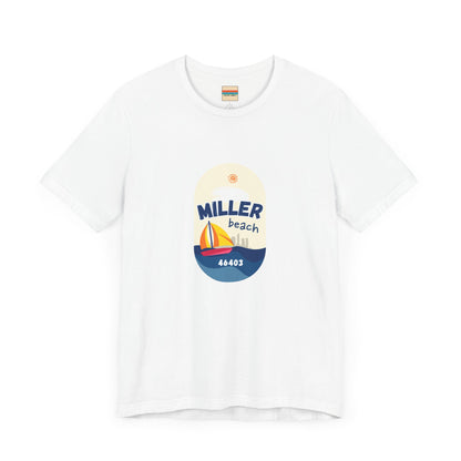 The Miller Beach Sailboat - Unisex Jersey Short Sleeve Tee by Printify features a vibrant graphic design portraying a sailboat on water with a sun above it and the text "MILLER beach 46403." This white retail fit shirt is crafted from soft Airlume combed cotton and showcases rounded graphics in blue, orange, and yellow.